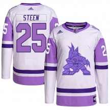Men's Adidas Arizona Coyotes Thomas Steen White/Purple Hockey Fights Cancer Primegreen Jersey - Authentic