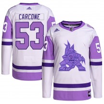 Youth Adidas Arizona Coyotes Michael Carcone White/Purple Hockey Fights Cancer Primegreen Jersey - Authentic