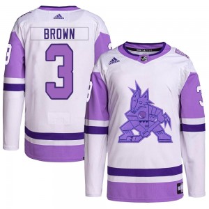 Men's Adidas Arizona Coyotes Josh Brown White/Purple Hockey Fights Cancer Primegreen Jersey - Authentic