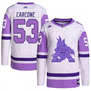 Men's Adidas Arizona Coyotes Michael Carcone White/Purple Hockey Fights Cancer Primegreen Jersey - Authentic