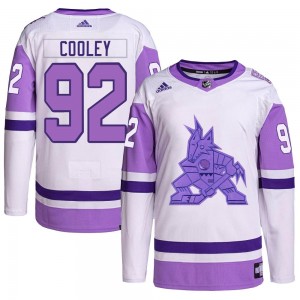 Men's Adidas Arizona Coyotes Logan Cooley White/Purple Hockey Fights Cancer Primegreen Jersey - Authentic