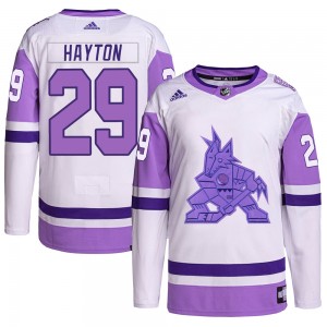Men's Adidas Arizona Coyotes Barrett Hayton White/Purple Hockey Fights Cancer Primegreen Jersey - Authentic