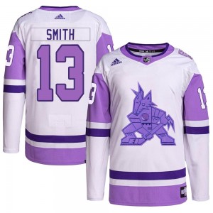 Men's Adidas Arizona Coyotes Nathan Smith White/Purple Hockey Fights Cancer Primegreen Jersey - Authentic
