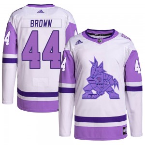 Youth Adidas Arizona Coyotes Josh Brown White/Purple Hockey Fights Cancer Primegreen Jersey - Authentic